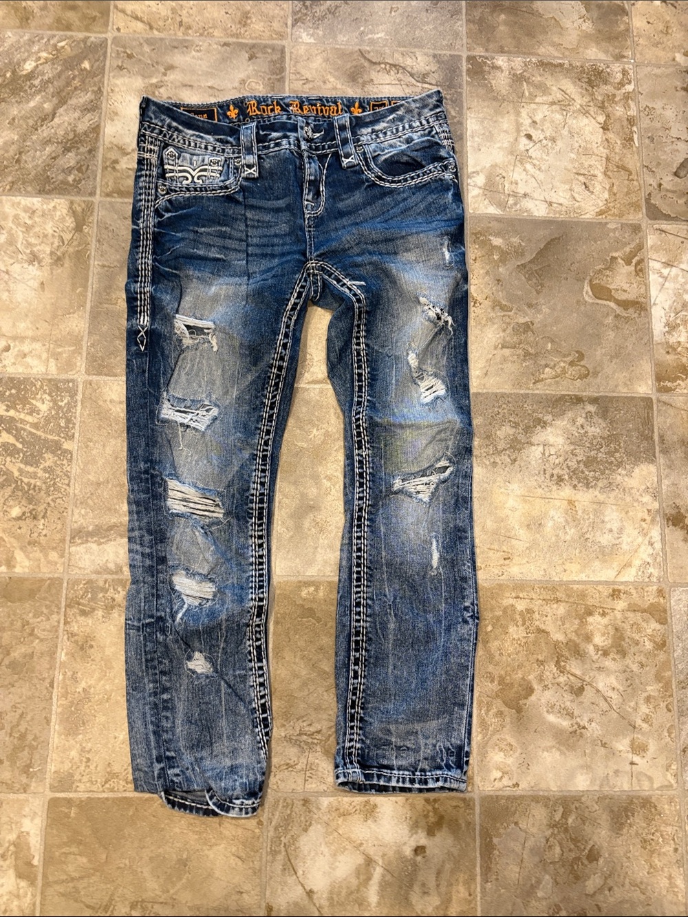 Rock Revival Men’s Distressed Dark Blue Slim Straight Jeans